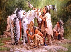 Obraz, Larry Fanning, Indianie, Koń, Pióropusz