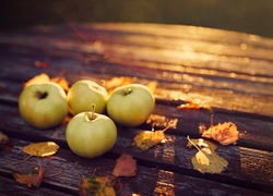 Jabłka, Liście, Ławka, Jesień