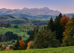 Góry, Lasy, Łąki, Domy, Jesień, Panorama