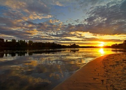 Zachód, Słońca, Rzeka, Plaża