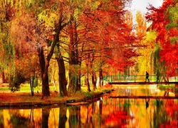 Jesień, Park, Staw, Mostek