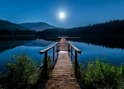 Jezioro, Lost Lake, Góry, Pomost, Noc, Księżyc, Whistler, Kolumbia Brytyjska, Kanada