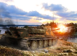 Niszczyciel, Czołgów, SU-100, Ogień, Drzewa, Jezioro