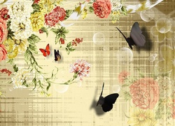 Grafika, Motyle, Kwiaty