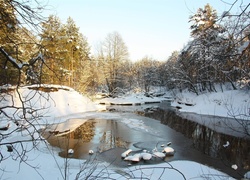 Rzeka, Śnieg, Drzewa