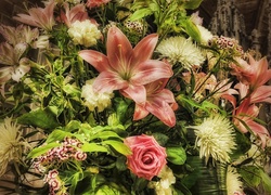 Bukiet, Kwiatów, Lilie, Róże