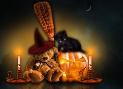 Halloween, Kot, Miś, Świece, Dynia