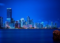Wiezowce, Ocean, Miami, Floryda, Panorama, Miasta, Noc