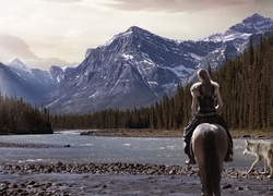 Kobieta, Koń, Pies, Rzeka, Góry, Lasy