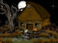 Halloween,straszny dom , drzewo