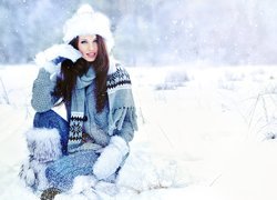 Kobieta, Śnieg, Czapka, Rękawice