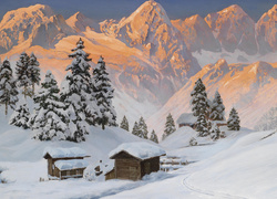 Zima, Góry, Drzewa, Obraz, Alois Arnegger