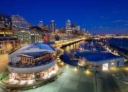 Seattle, Nocą, Marina, Jachty, Nabrzeże, Restauracja