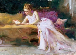 Obraz, Pino Daeni, Kobieta, Sofa, Książka