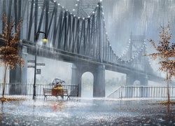 Obraz, Most, Zakochani, Parasol, Deszcz