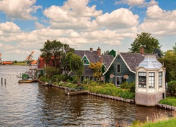 Rzeka, Domy, Wiatraki, Holandia
