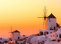 Wiatraki, Domy, Santorini, Grecja, Zachód, Słońca