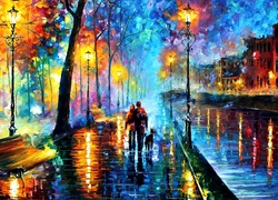 Obraz, Leonid Afremov, Ulica, Latarnie, Domy