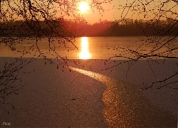 Zachód Słońca, Jezioro, Lód, Gałęzie