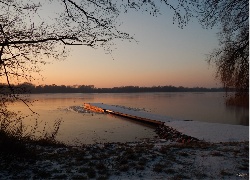 Jezioro, Pomost, Zachód, Słońca, Gałęzie