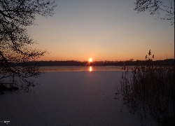 Zachód, Słońca, Jezioro, Lód, Trzciny