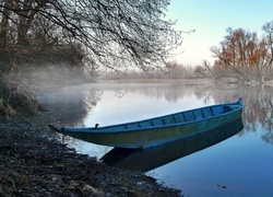 Rzeka, Łódz, Las, Mgła, Jesień