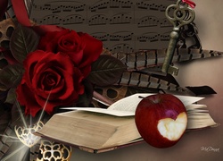 Róże, Książka, Jabłko