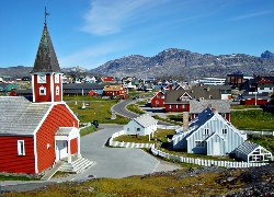 Grenlandia, Nuuk, Domy, Kościół, Góry