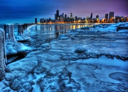 Panorama, Chicago, Nocą, Jezioro, Michigan, Lód