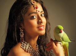 Piękna, Hinduska, Papuga, Biżuteria