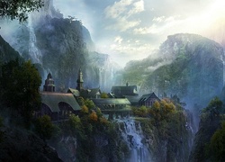Fantasy, Budynki, Góry, Wodospady