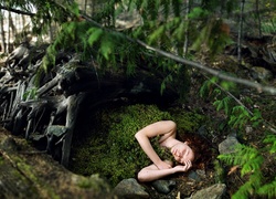 Las, Kobieta, Śpiąca, W, Mchu
