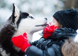 Dziewczynka, Husky, Przyjazń, Park, Zima