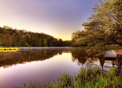 Park, Jezioro, Pomost, Ławeczka, Wschód, Słońca