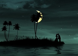 Noc, Zakochana, Para, Księżyc, Palmy, Morze