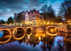 Amsterdam, Nocą, Kamienice, Kanał, Mosty