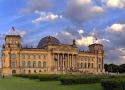 Gmach, Reichstagu, Skwer, Ciemne, Chmury