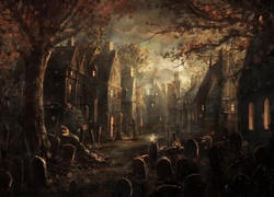 Domy, Drzewa, Jesień, Groby, Halloween