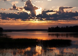 Jezioro, Chmury, Zachód Słońca
