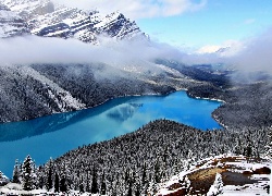Góry, Lasy, Jezioro, Obłoki, Mgła, Alberta