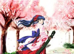 Sakura Wars, niebieskie włosy, drzewa