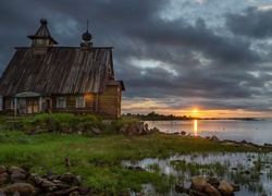 Ukraina, Drewniany, Kościół, Jezioro, Trawa, Zachód, Słońca