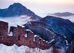 Mur, Chiński, Góry, Chmury, Zima