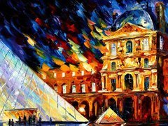 Leonid Afremov, Malarstwo, Obraz, Pałac, Muzeum Luwr, Piramida, Francja, Paryż