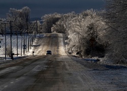 Droga, Samochód, Drzewa, Zima