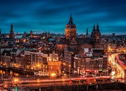 Domy, Kościoły, Ulice, Noc, Amsterdam, Panorama, Miasta