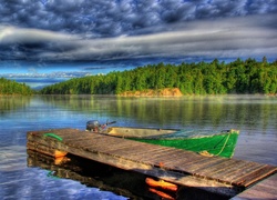 Jezioro, Pomost, Łódka, Drzewa