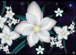 Białe, Kwiaty, Grafika 3D