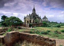 Myanmar, Pagody, Ruiny, Drzewa, Trawa