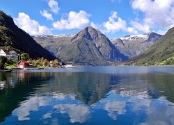 Góry, Lasy, Sognefjord, Domy, Przebijające, Światło